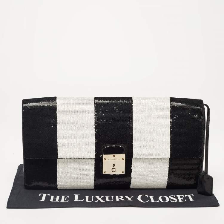 Pre Owned Marc Jacobs Black/White Stripe Sequins and Leather The Skunk Clutch