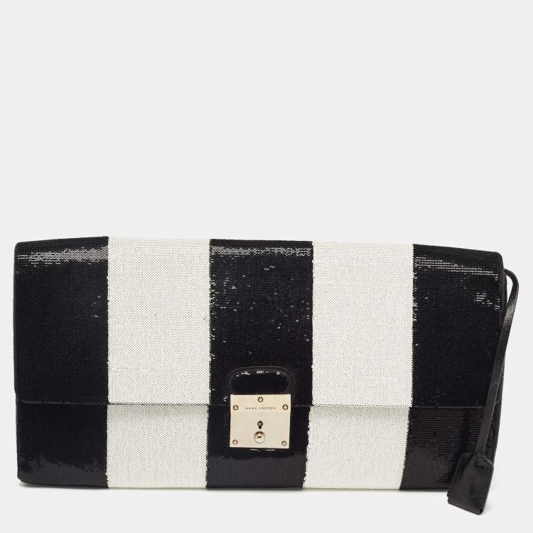 Pre Owned Marc Jacobs Black/White Stripe Sequins and Leather The Skunk Clutch