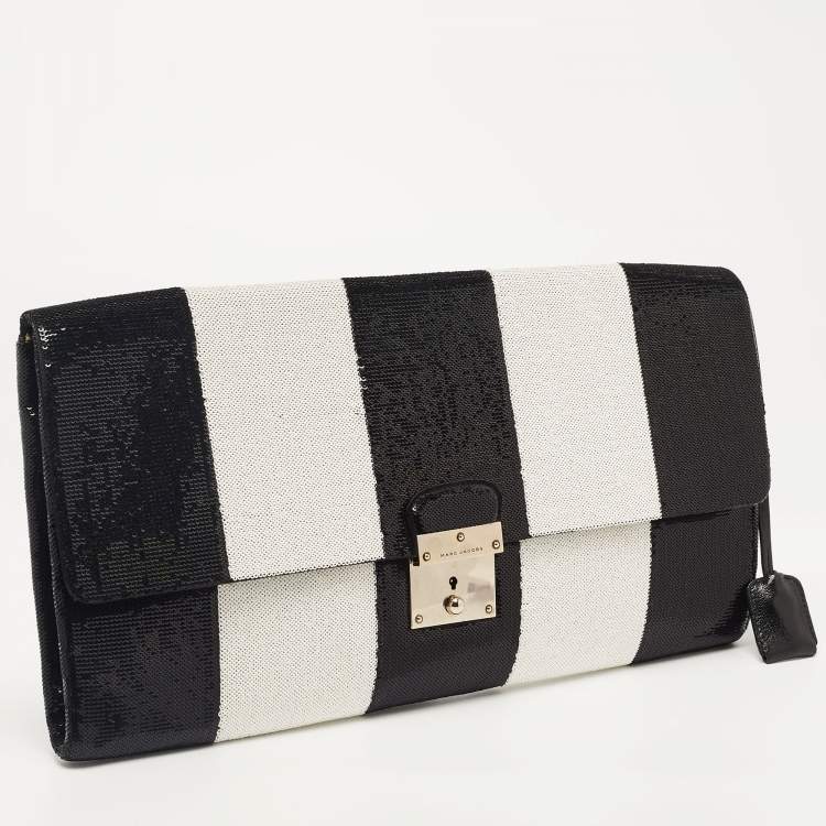 Pre Owned Marc Jacobs Black/White Stripe Sequins and Leather The Skunk Clutch
