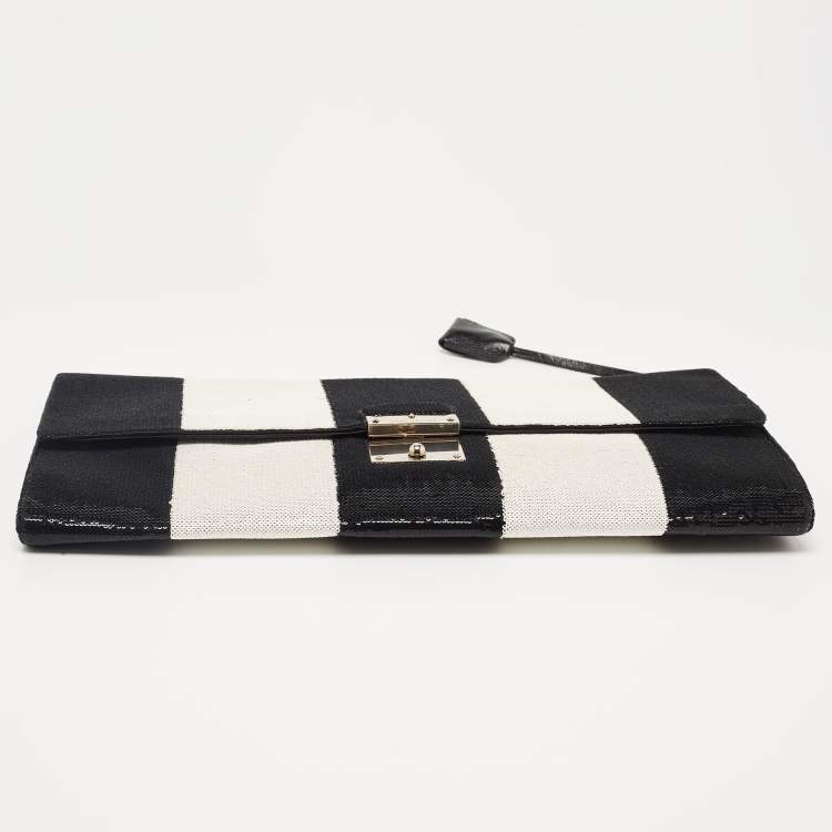 Pre Owned Marc Jacobs Black/White Stripe Sequins and Leather The Skunk Clutch