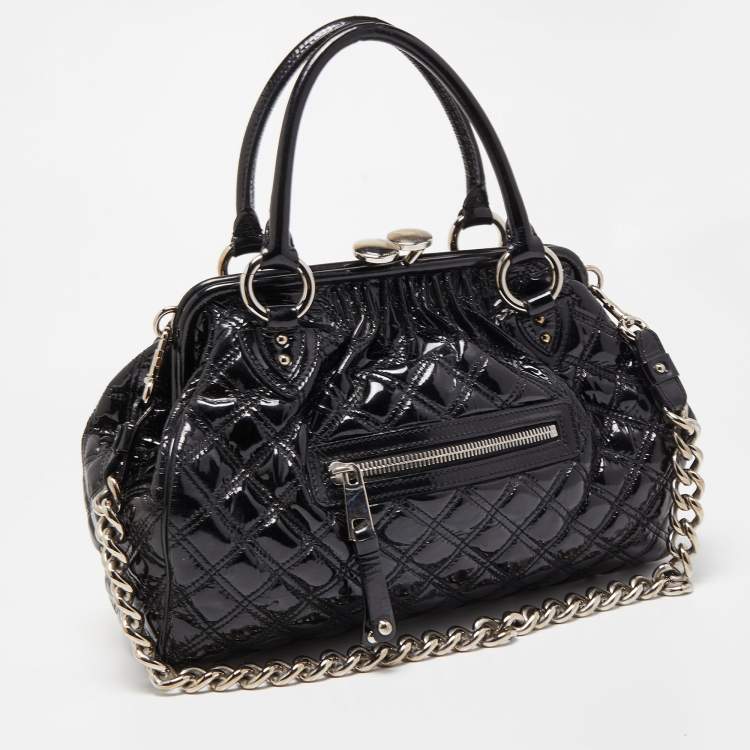 Pre Owned Marc Jacobs Black Quilted Patent Leather Stam Satchel