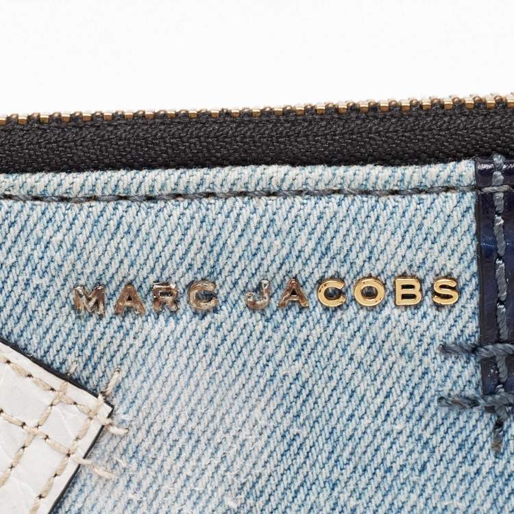 Pre Owned Marc Jacobs Blue/Multicolor Denim Patchwork Wristlet Zip Around Wallet