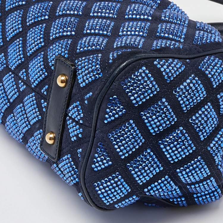 Pre Owned Marc Jacobs Blue Quilted Crystal Embellished Suede and Leather Stam Satchel