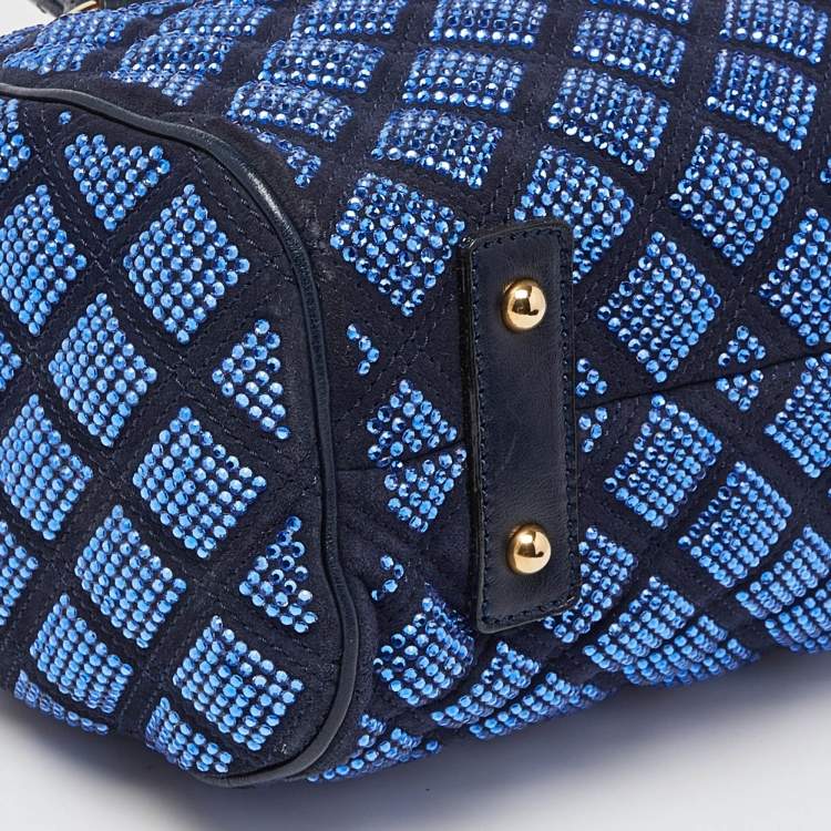 Pre Owned Marc Jacobs Blue Quilted Crystal Embellished Suede and Leather Stam Satchel