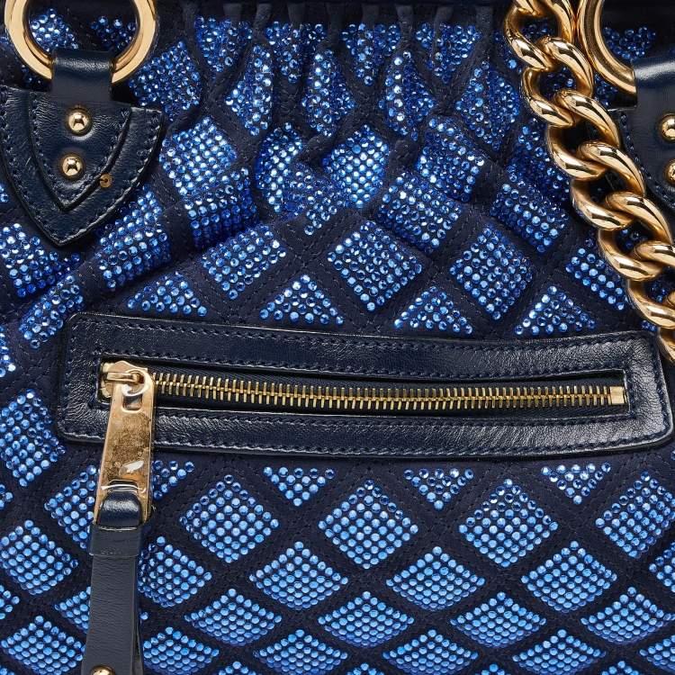 Pre Owned Marc Jacobs Blue Quilted Crystal Embellished Suede and Leather Stam Satchel
