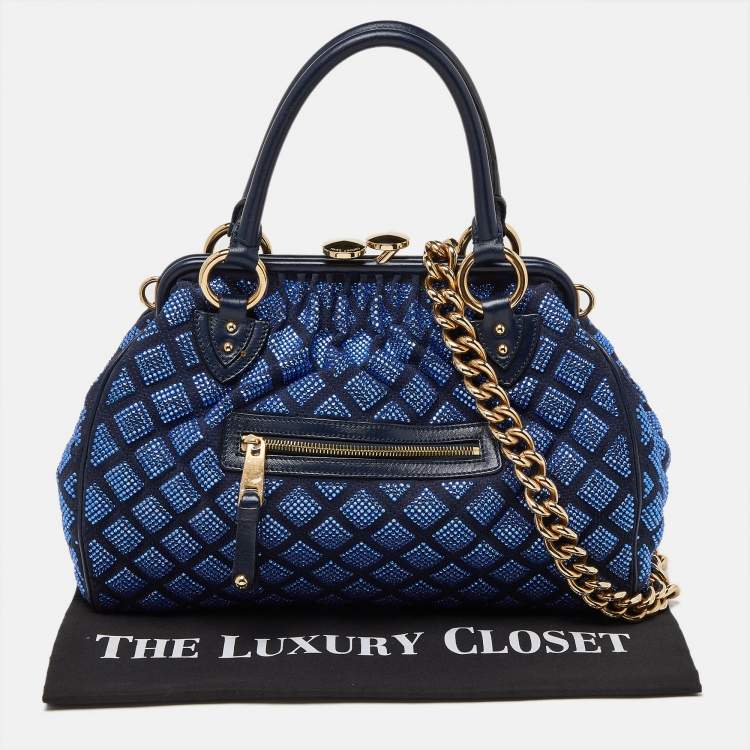 Pre Owned Marc Jacobs Blue Quilted Crystal Embellished Suede and Leather Stam Satchel