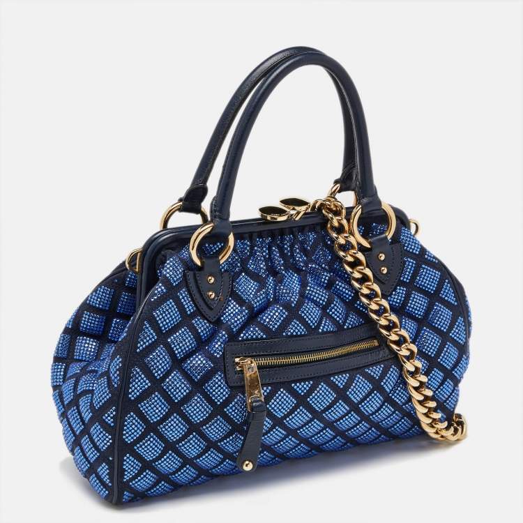 Pre Owned Marc Jacobs Blue Quilted Crystal Embellished Suede and Leather Stam Satchel