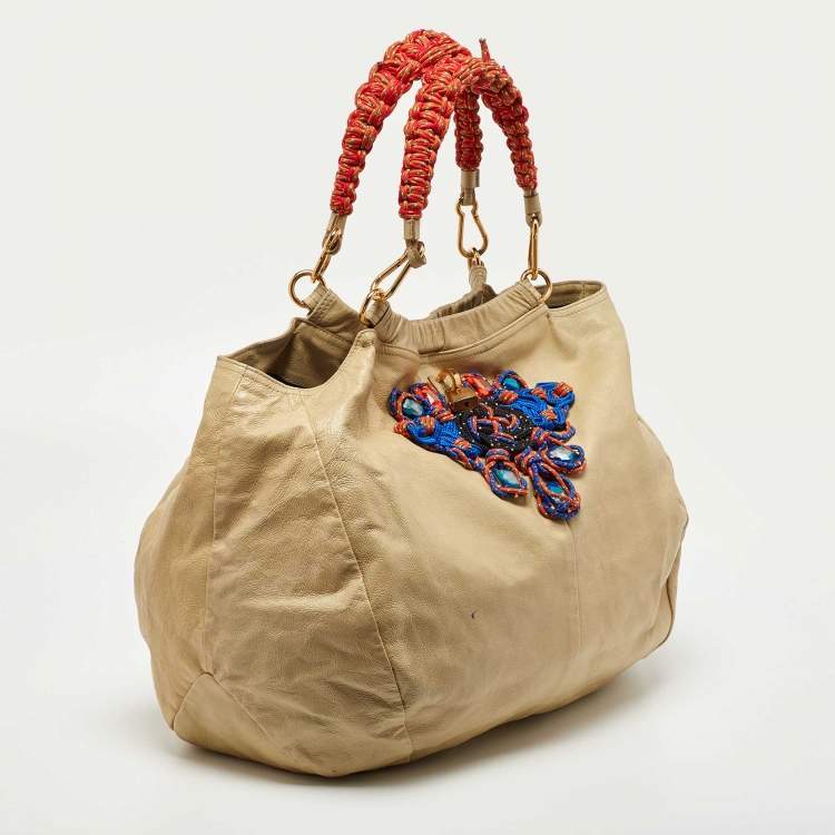 Pre Owned Marc Jacobs Cream Leather Embellished Hobo