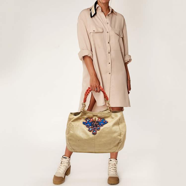 Pre Owned Marc Jacobs Cream Leather Embellished Hobo