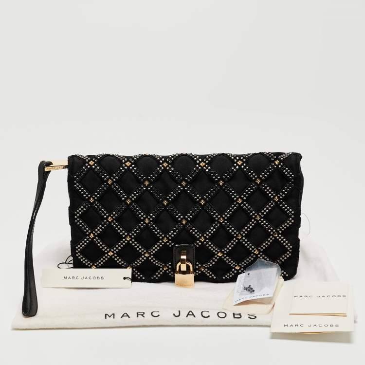 Pre Owned Marc Jacobs Black Suede and Satin Crystals Embellished Flap Clutch