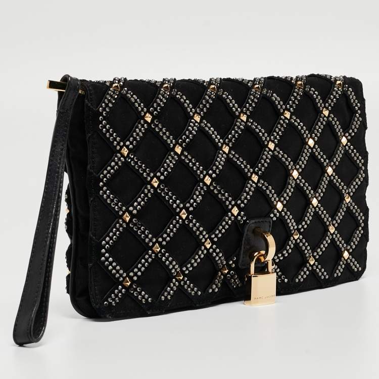 Pre Owned Marc Jacobs Black Suede and Satin Crystals Embellished Flap Clutch