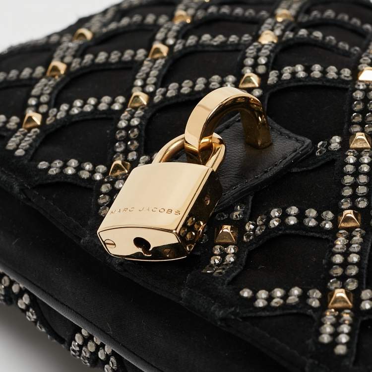 Pre Owned Marc Jacobs Black Suede and Satin Crystals Embellished Flap Clutch
