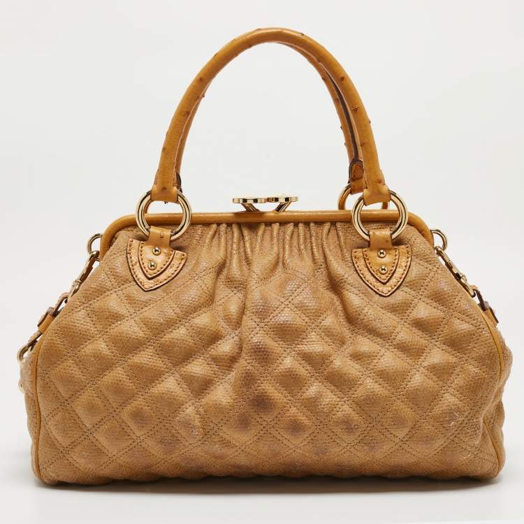 Pre Owned Marc Jacobs Yellow Quilted Coated Canvas and Ostrich Stam Satchel