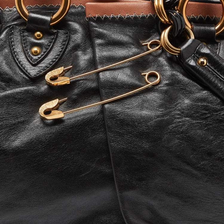 Pre Owned Marc Jacobs Black/Beige Leather Safety Pin Stam Satchel