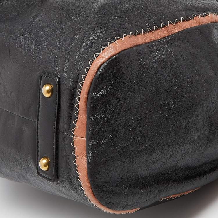 Pre Owned Marc Jacobs Black/Beige Leather Safety Pin Stam Satchel