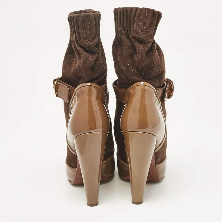 Pre Owned Marc Jacobs Olive Green/Brown Suede and Patent Leather 'Sock' Ankle Boots Size  37