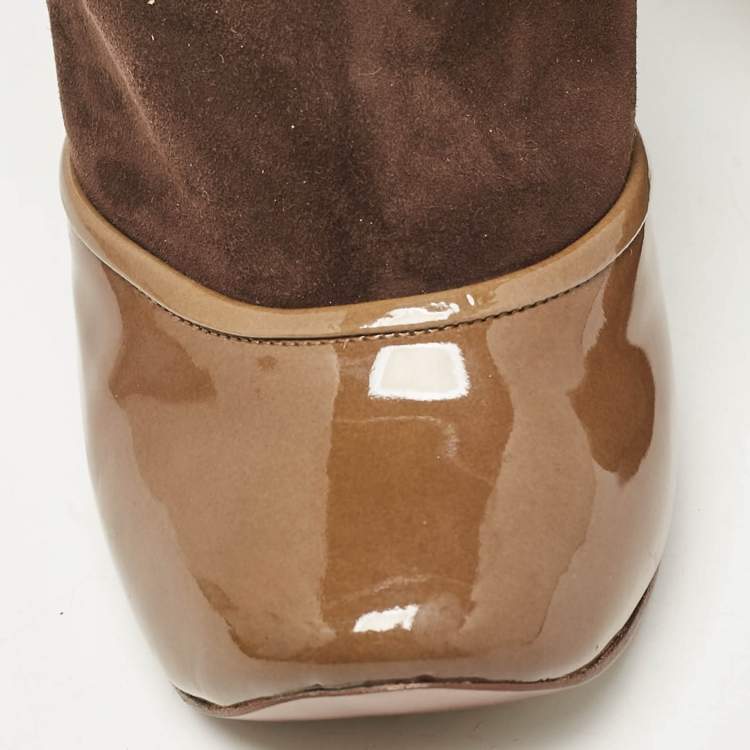 Pre Owned Marc Jacobs Olive Green/Brown Suede and Patent Leather 'Sock' Ankle Boots Size  37