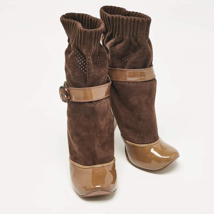 Pre Owned Marc Jacobs Olive Green/Brown Suede and Patent Leather 'Sock' Ankle Boots Size  37
