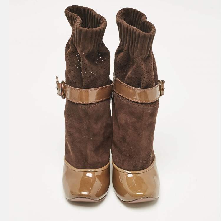 Pre Owned Marc Jacobs Olive Green/Brown Suede and Patent Leather 'Sock' Ankle Boots Size  37