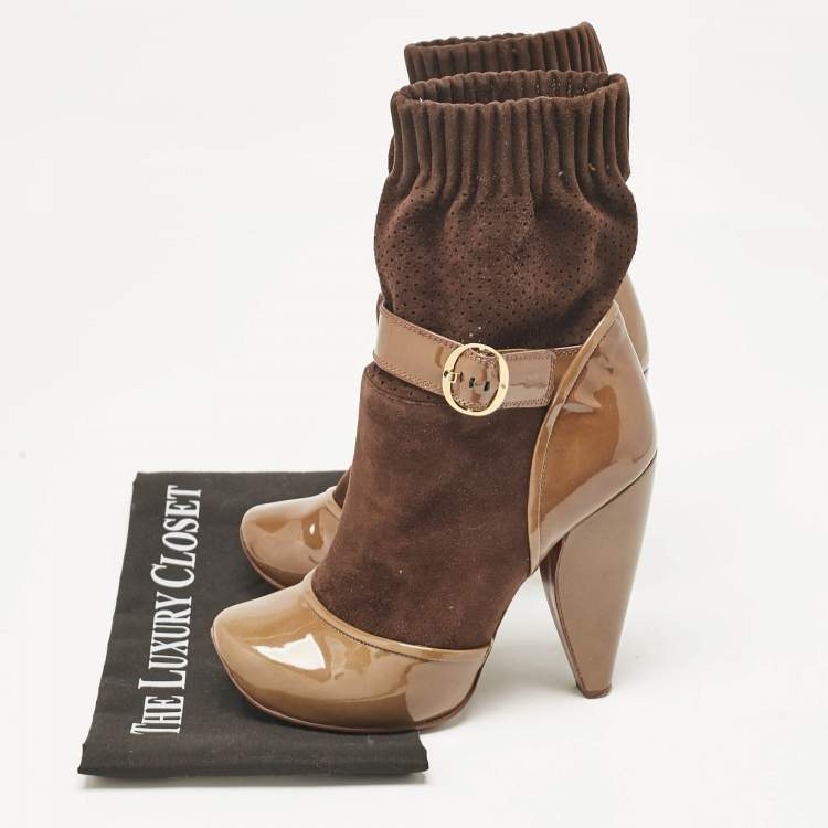 Pre Owned Marc Jacobs Olive Green/Brown Suede and Patent Leather 'Sock' Ankle Boots Size  37