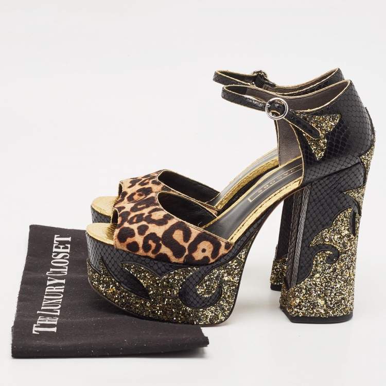 Pre Owned Marc Jacobs Multicolor Calf Hair and Python Embossed Leather Ankle Strap Sandals Size 38.5