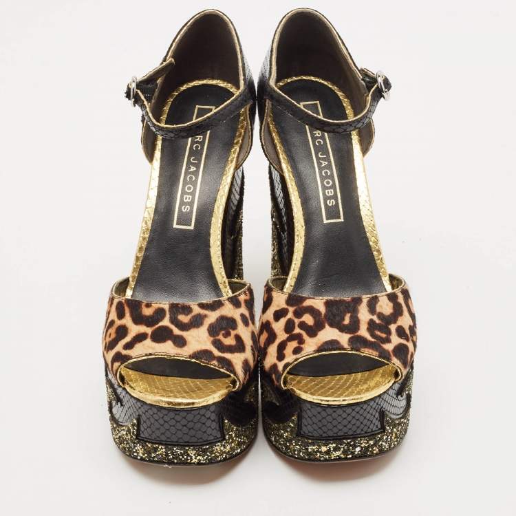 Pre Owned Marc Jacobs Multicolor Calf Hair and Python Embossed Leather Ankle Strap Sandals Size 38.5