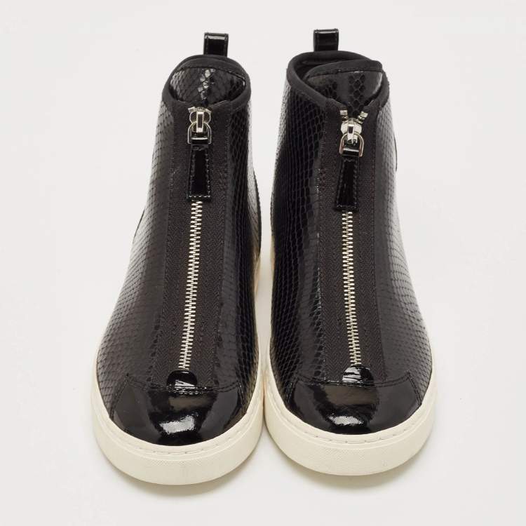 Pre Owned Marc Jacobs Black Patent Leather and Snakeskin Embossed Leather High Top Sneakers Size 37
