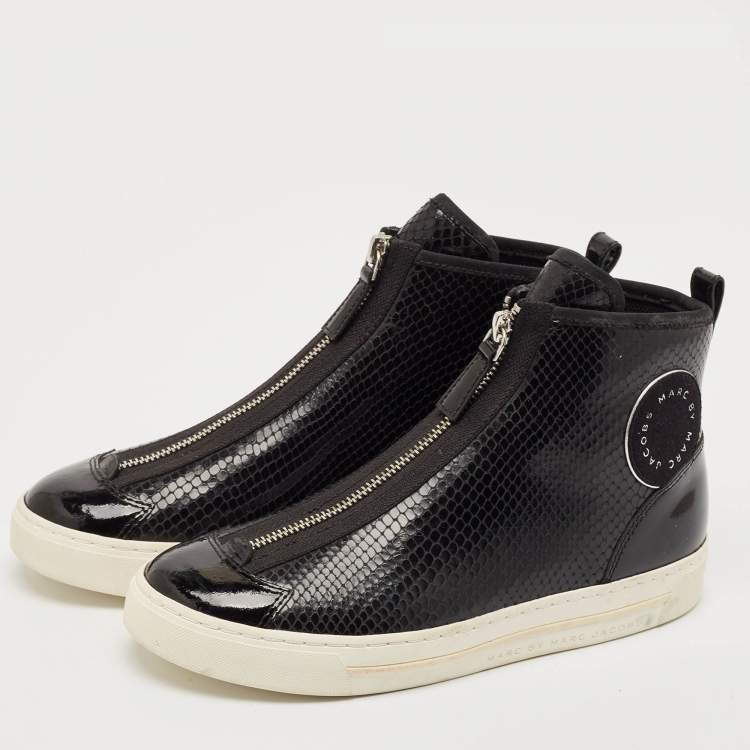 Pre Owned Marc Jacobs Black Patent Leather and Snakeskin Embossed Leather High Top Sneakers Size 37