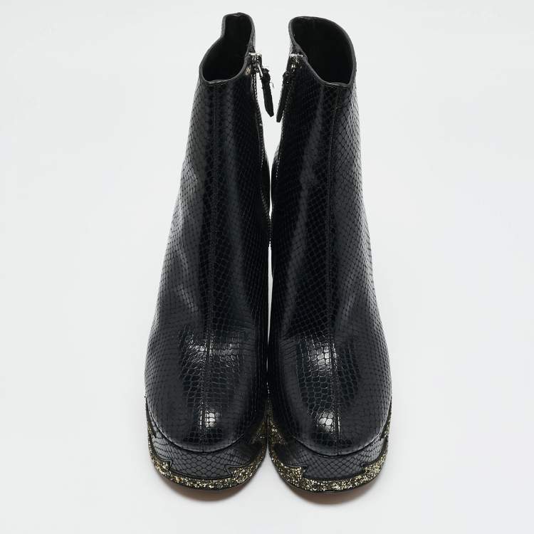 Pre Owned Marc Jacobs Black Python Embossed Leather Ankle Length Boots Size 37