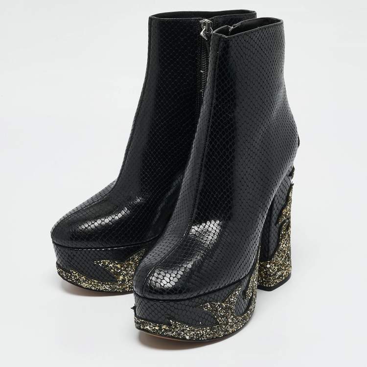 Pre Owned Marc Jacobs Black Python Embossed Leather Ankle Length Boots Size 37