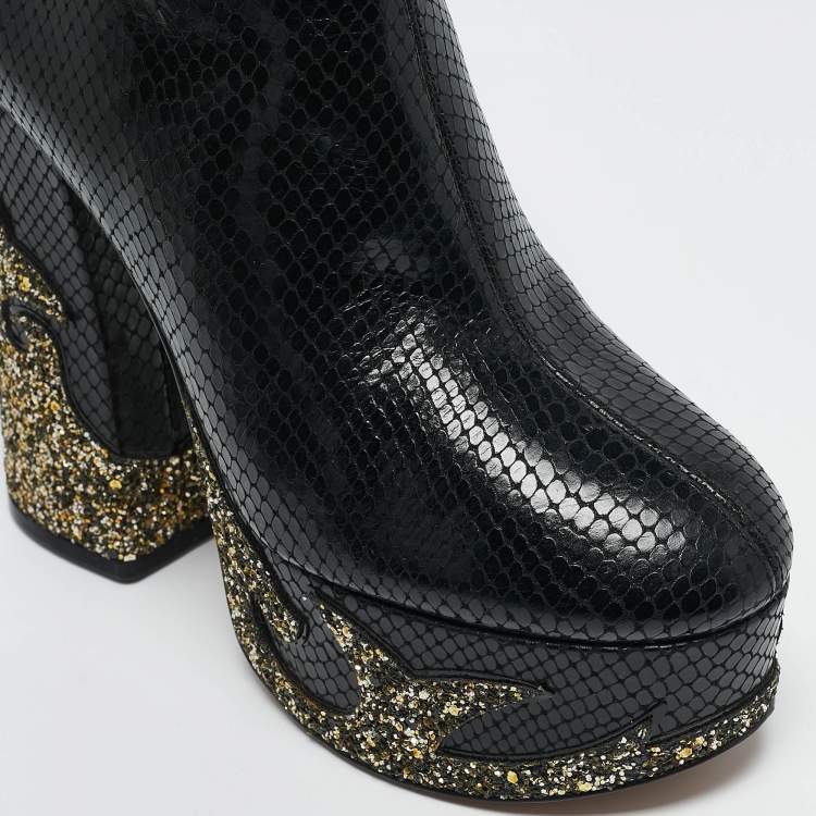 Pre Owned Marc Jacobs Black Python Embossed Leather Ankle Length Boots Size 37