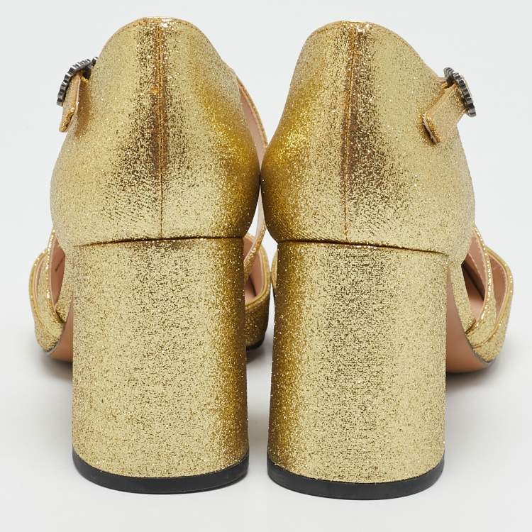 Pre Owned Marc Jacobs Gold Glitter Block Heel Criss Cross Ankle Strap Sandals Size 38