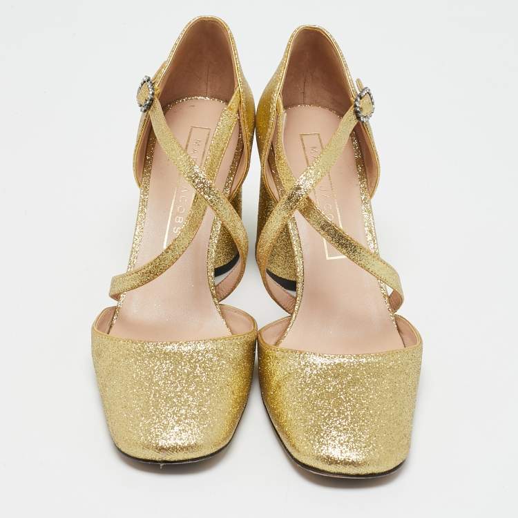 Pre Owned Marc Jacobs Gold Glitter Block Heel Criss Cross Ankle Strap Sandals Size 38