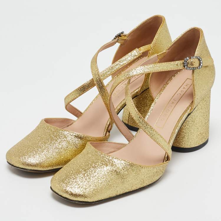 Pre Owned Marc Jacobs Gold Glitter Block Heel Criss Cross Ankle Strap Sandals Size 38