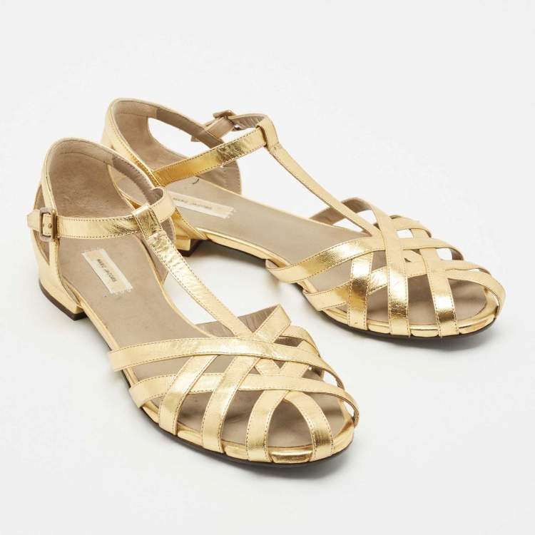 Pre Owned Marc Jacobs Gold Leather T Strap Flat Sandals Size 40.5