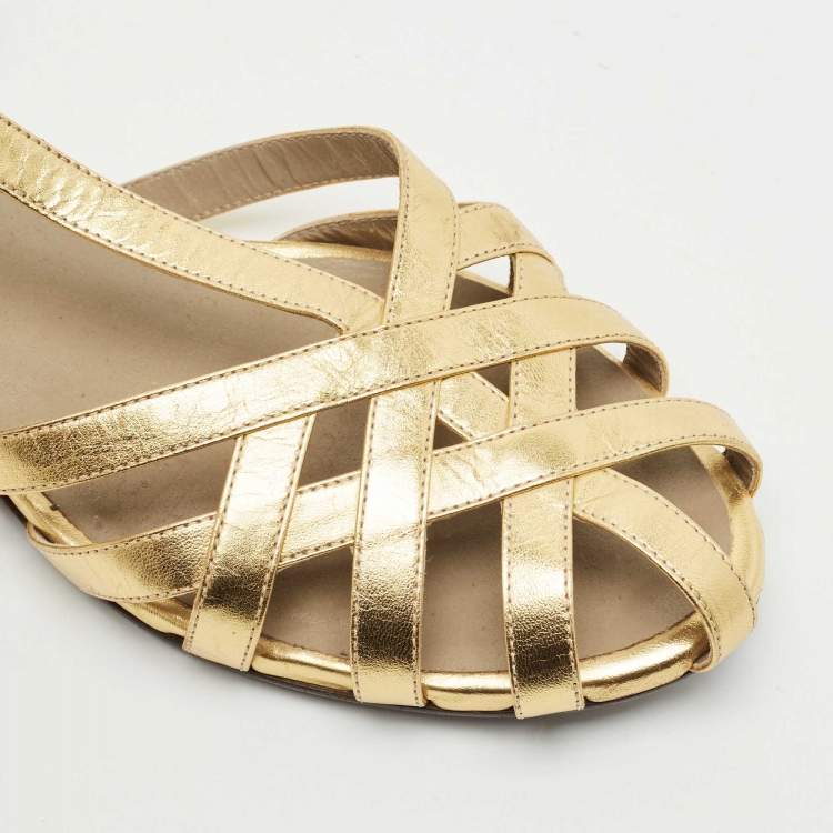 Pre Owned Marc Jacobs Gold Leather T Strap Flat Sandals Size 40.5