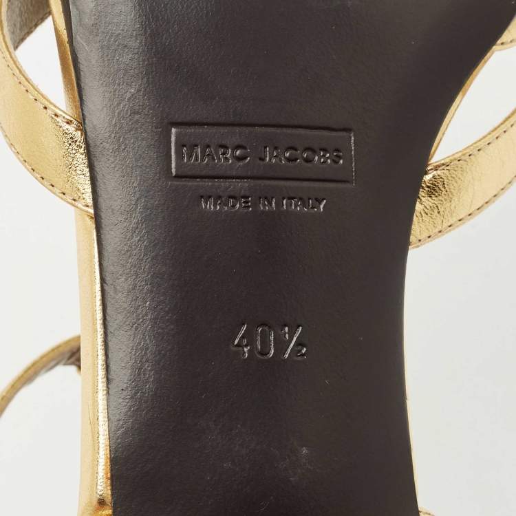 Pre Owned Marc Jacobs Gold Leather T Strap Flat Sandals Size 40.5