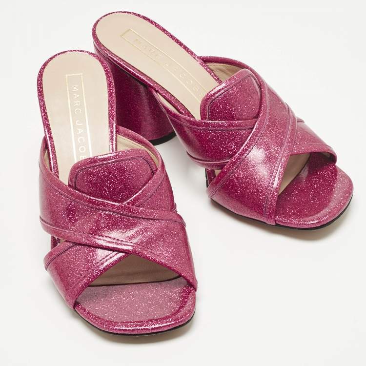Pre Owned Marc Jacobs Pink Glitter Patent Leather Aurora Heel Mules Size 36