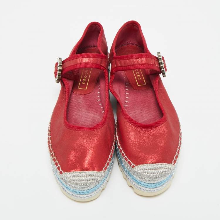 Pre Owned Marc Jacobs Metallic Red Nubuck Suzi Crystal Embellished Brooch Mary Jane Espadrille Platforms Side 37