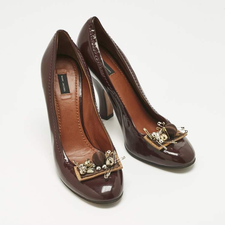 Pre Owned Marc Jacobs Burgundy Patent Leather Embellished Block Heel Pumps Size 37.5