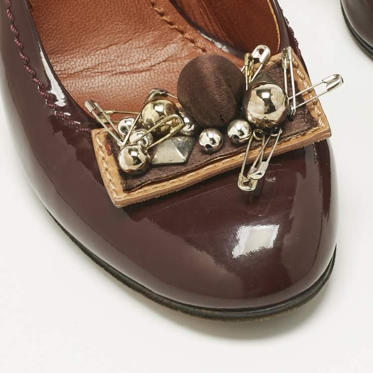 Pre Owned Marc Jacobs Burgundy Patent Leather Embellished Block Heel Pumps Size 37.5