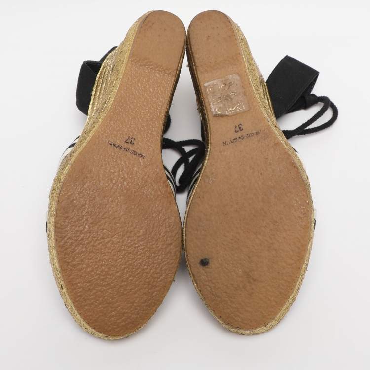 Pre Owned Marc Jacobs Black/White Stripe Canvas Dani Wedge Espadrilles Size 37