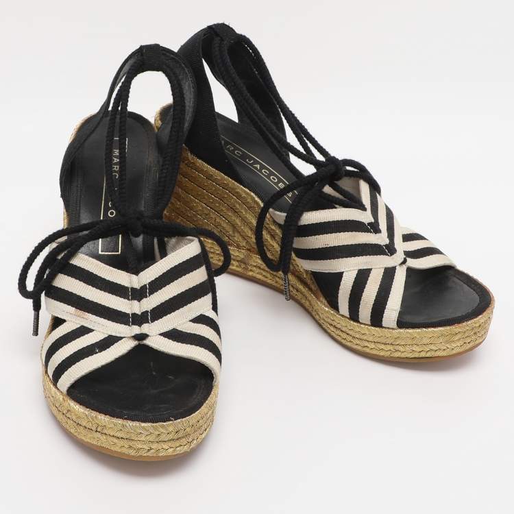 Pre Owned Marc Jacobs Black/White Stripe Canvas Dani Wedge Espadrilles Size 37