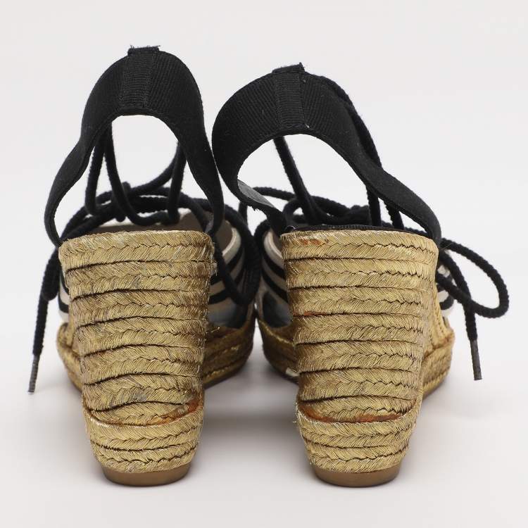 Pre Owned Marc Jacobs Black/White Stripe Canvas Dani Wedge Espadrilles Size 37
