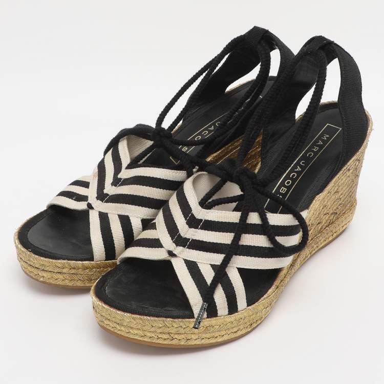 Pre Owned Marc Jacobs Black/White Stripe Canvas Dani Wedge Espadrilles Size 37