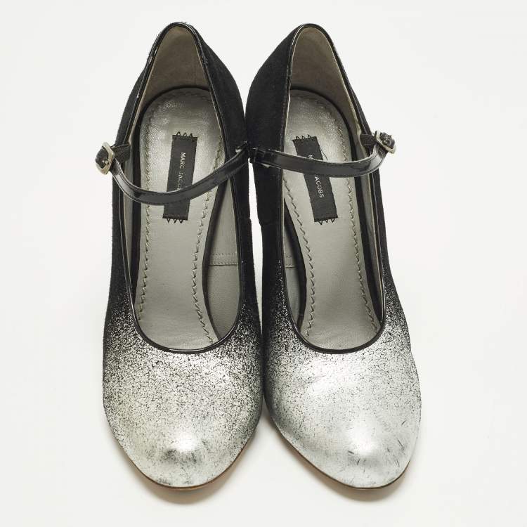 Pre Owned Marc Jacobs Size 37 Black/Silver Suede and Patent Mary Jane Pumps