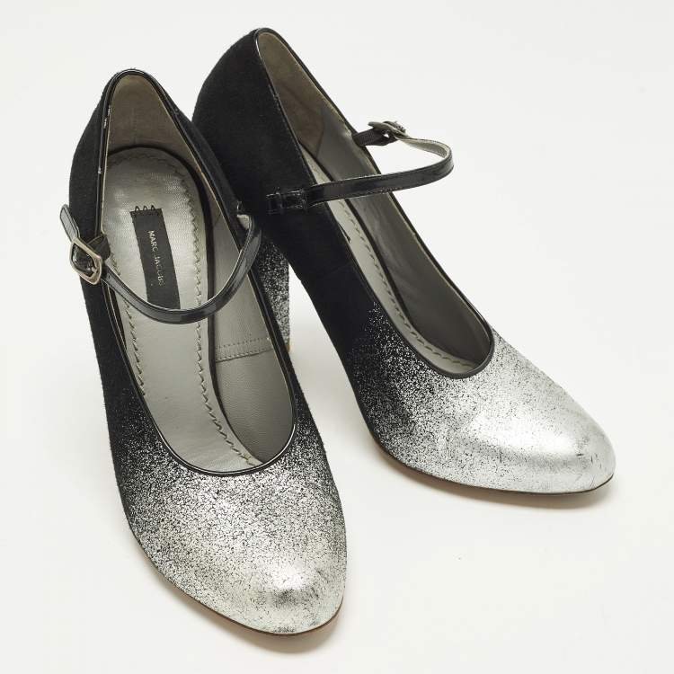 Pre Owned Marc Jacobs Size 37 Black/Silver Suede and Patent Mary Jane Pumps
