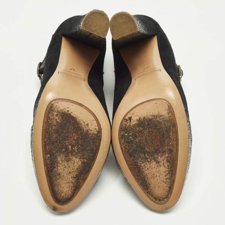 Pre Owned Marc Jacobs Size 37 Black/Silver Suede and Patent Mary Jane Pumps