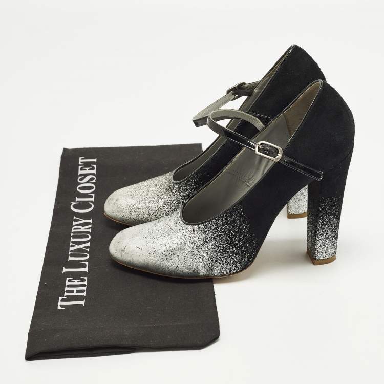 Pre Owned Marc Jacobs Size 37 Black/Silver Suede and Patent Mary Jane Pumps