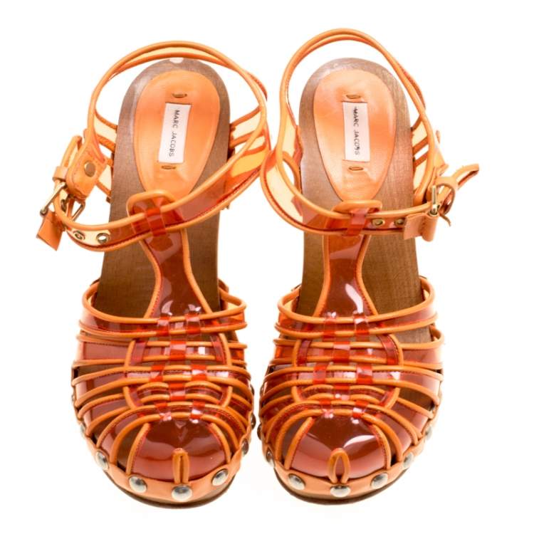 Pre Owned Marc Jacobs Orange PVC And Leather T-Strap Clog Sandals Size 35